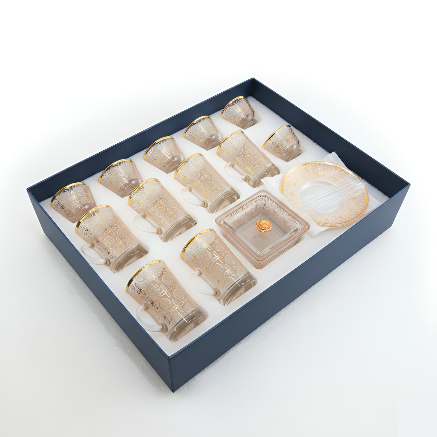 Glass Tea Cups and Ceramic Arabic Coffee Qahwa Cups Set (18 Pcs) Golden Floral Lattice