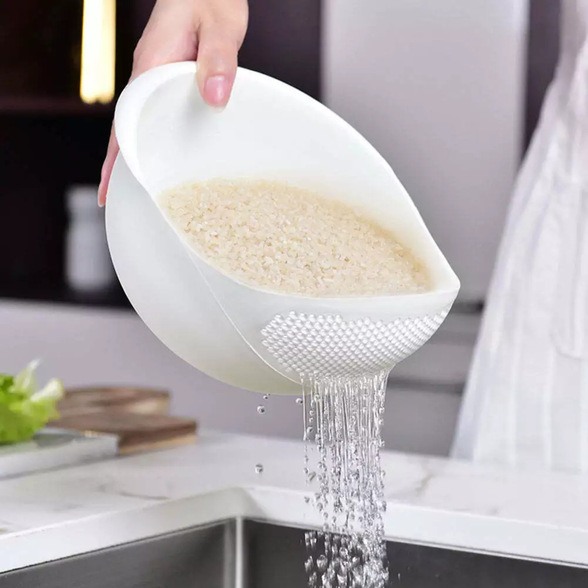 Plastic Rice Washing Colander Strainer Basket for Rice, Vegetables, and Fruits White