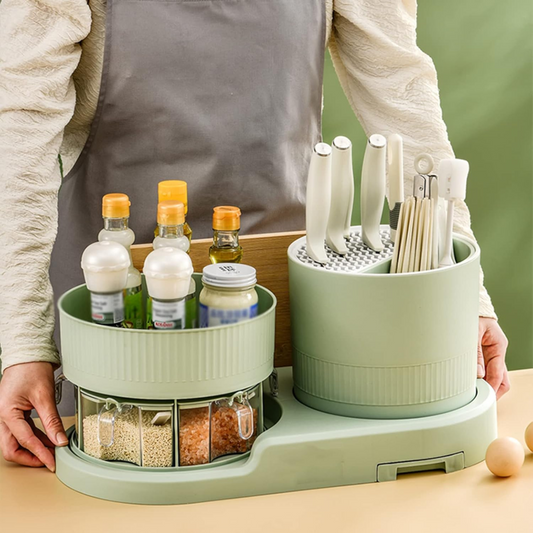 Kitchen Space Saving Rotating Spices Rack with Chopsticks & Knife Holder