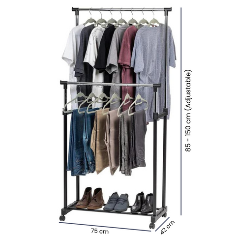 Stainless Steel Double Rails Telescopic Clothes Rack with Wheels