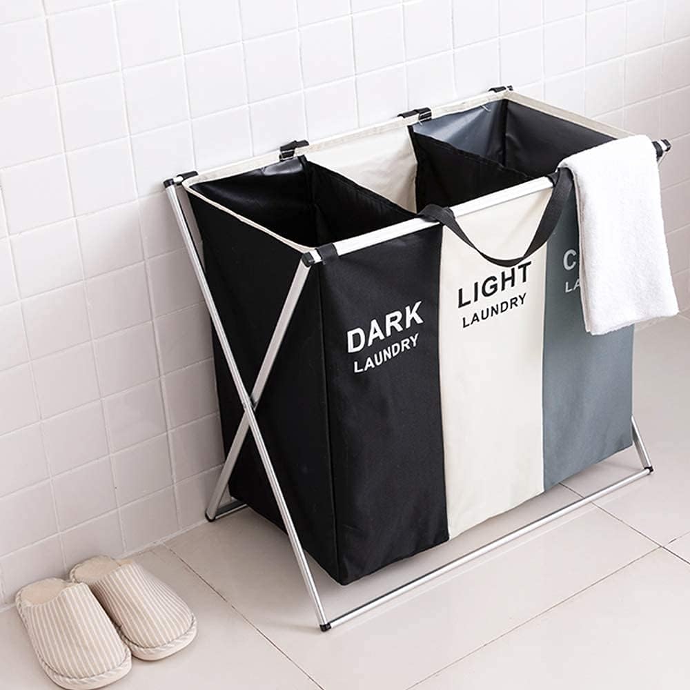 Three Compartments Clothes Sorting Collapsible Laundry Basket with Carry Handle