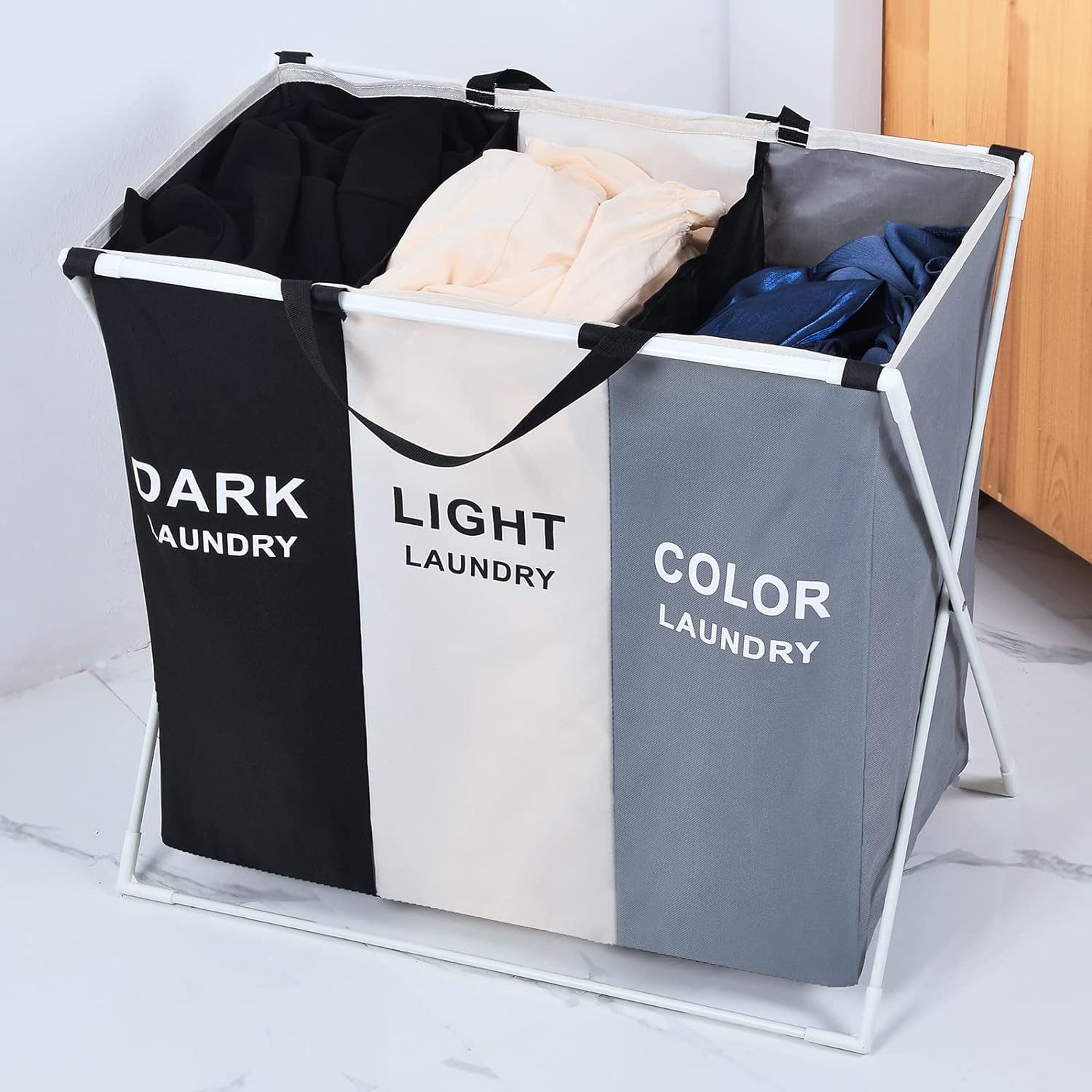 Three Compartments Clothes Sorting Collapsible Laundry Basket with Carry Handle