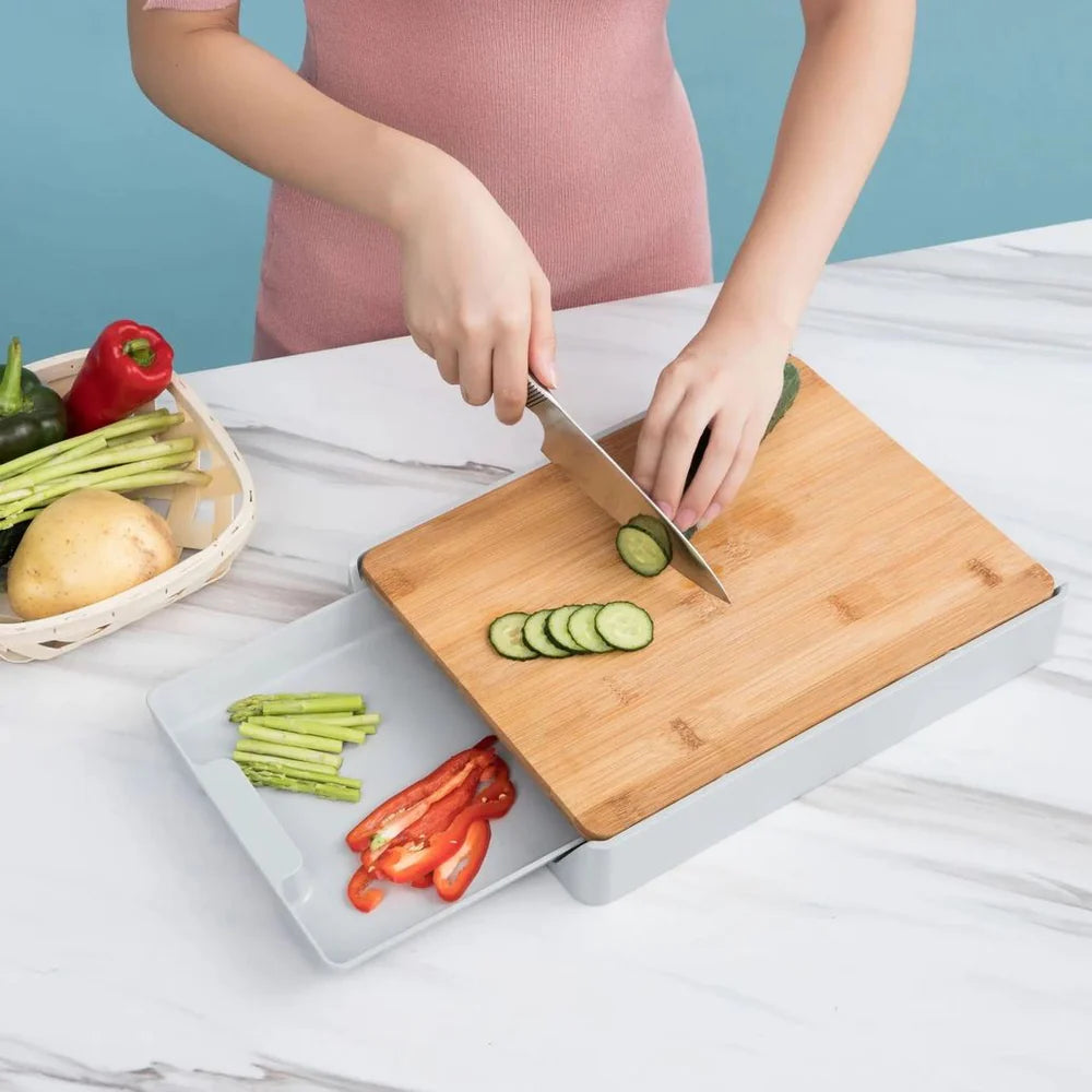 2in1 Kitchen Cutting Board, Drawer-Type Wooden Chopping Board