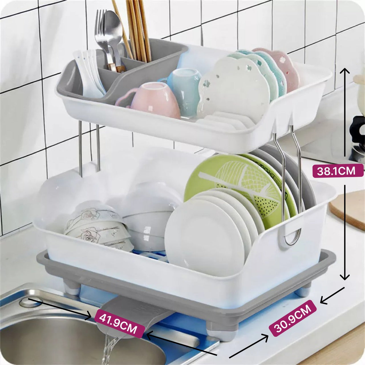 Dish Rack Two Layers Detachable Kitchen Storage Shelf with Drain Tray