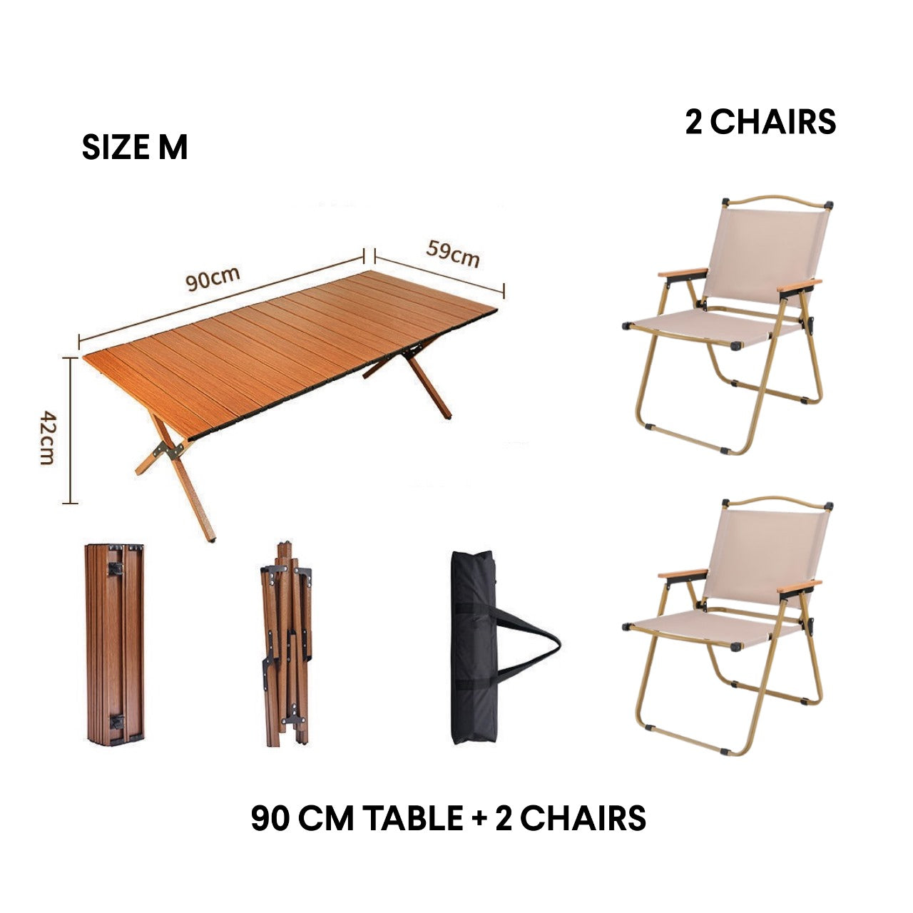 Portable Folding Camping Table and Chairs Set 90 CM Table + 2 Chairs