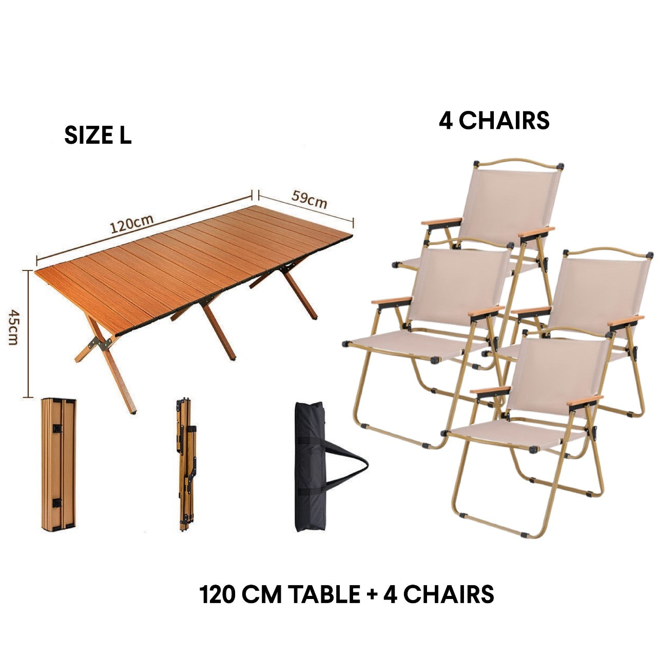 Portable Folding Camping Table and Chairs Set 120 CM Table + 4 Chairs