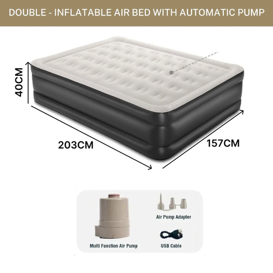 Inflatable Blow Up Air Mattress Bed with Built-in Automatic Pump Black + Army Brown Double - 157 x 203 x 40 CM