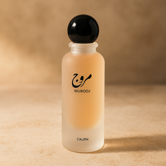 Perfume bottle labeled 'Murooj Caliph' on a beige background