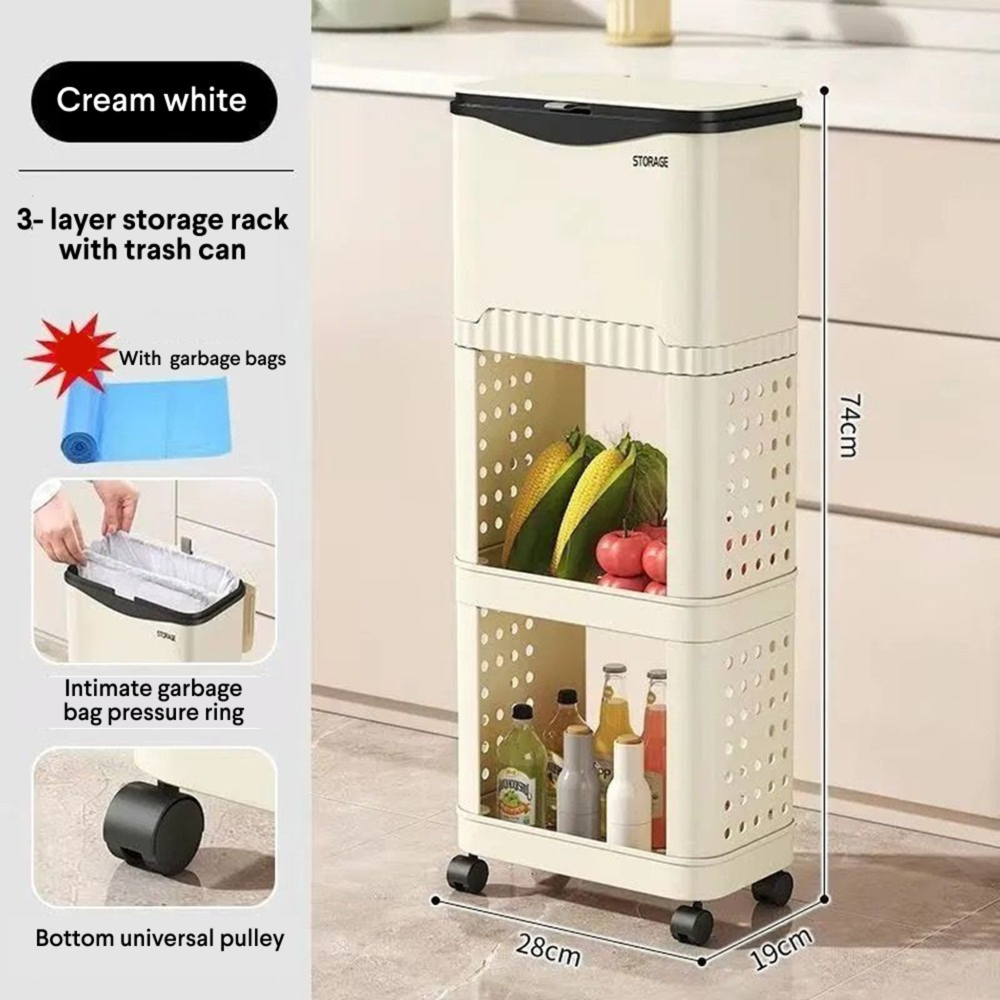 3 layer Kitchen Moving Cart Storage Rack with Garbage Trash Bin and Wheels Cream White