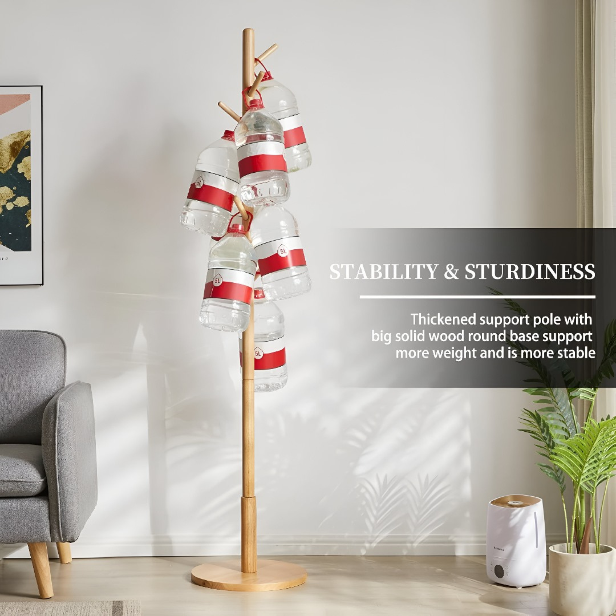 Straight Wooden Coat Hanger Clothes Stand with 8 Hooks