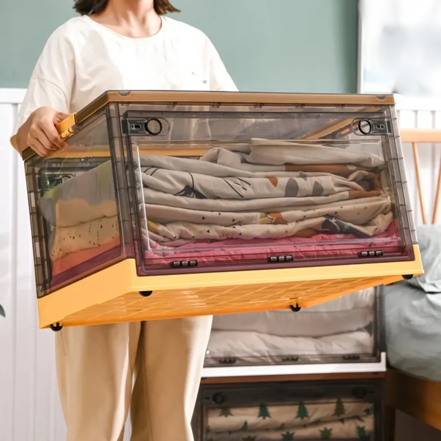 Collapsible Folding Clear Plastic Clothes Storage Box with Latching Lids & Wheels