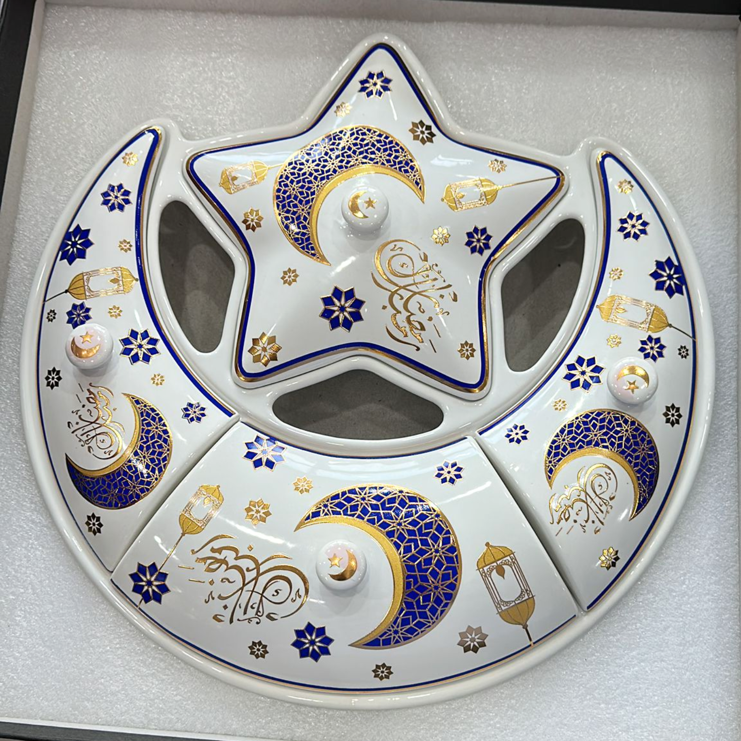 Ramadan Special Design Ceramic Multi Sectional Moon and Star Shaped Serving Tray for Dates Nuts Dried Fruits Sweets and Snacks
