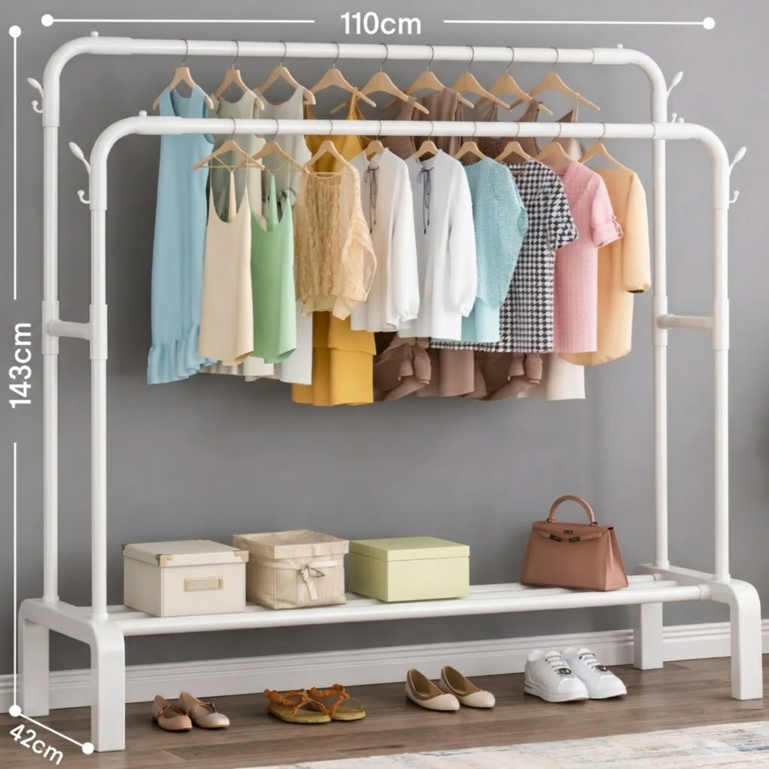 Double Pole Clothes Rack, 35Kg Load Capacity Clothes Hanger for Bedroom