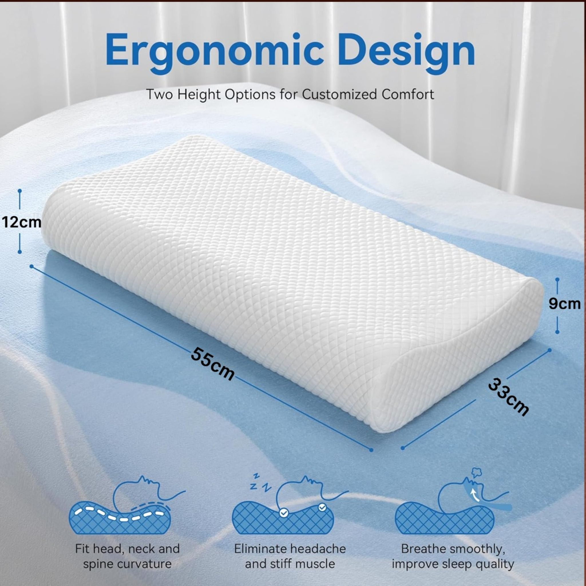 Orthopedic Memory Foam Medical Pillow, Cervical Contour Support Memory Foam Pillow 55 x 33 cm