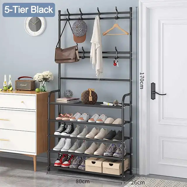 Multifunctional 5 Layer Hall Tree Organizer Rack for Shoe, Bag, Hat & Shirts Black
