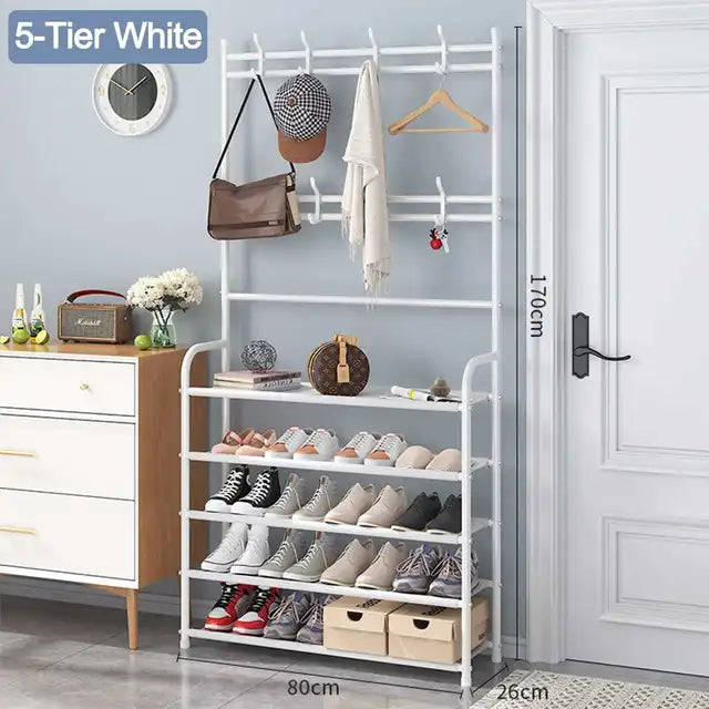 Multifunctional 5 Layer Hall Tree Organizer Rack for Shoe, Bag, Hat & Shirts White
