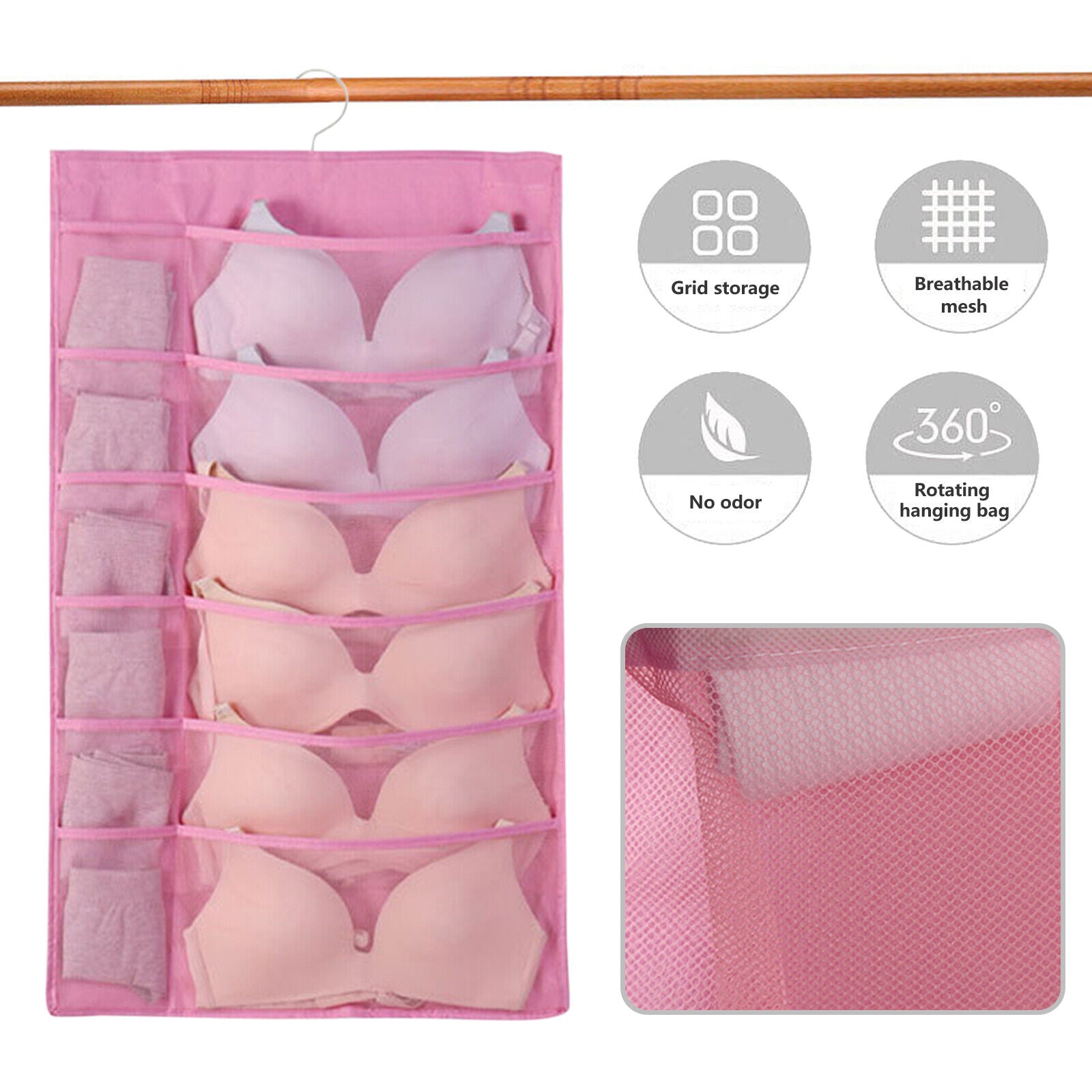 30 Pockets Women's Hanging Socks Underwear Light Garments Wardrobe Organizer Pink