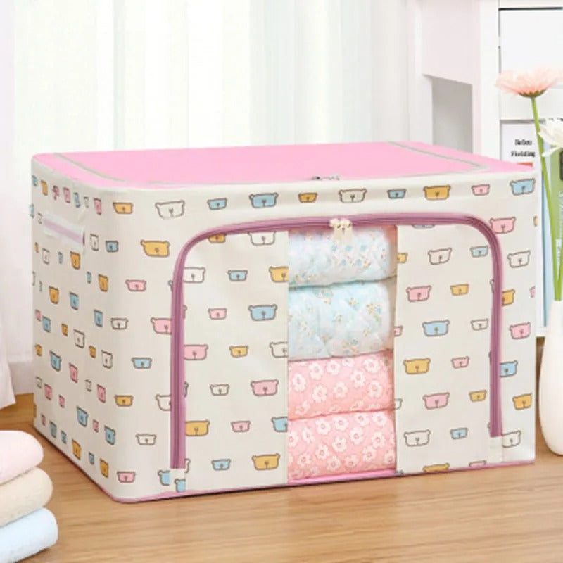 100L Large Capacity Wardrobe Clothes Organizer Storage Box Pink + White