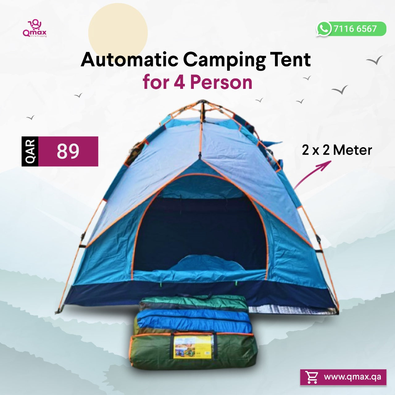 Automatic Camping Tent for 3-4 Person - 2 x 2 Meter