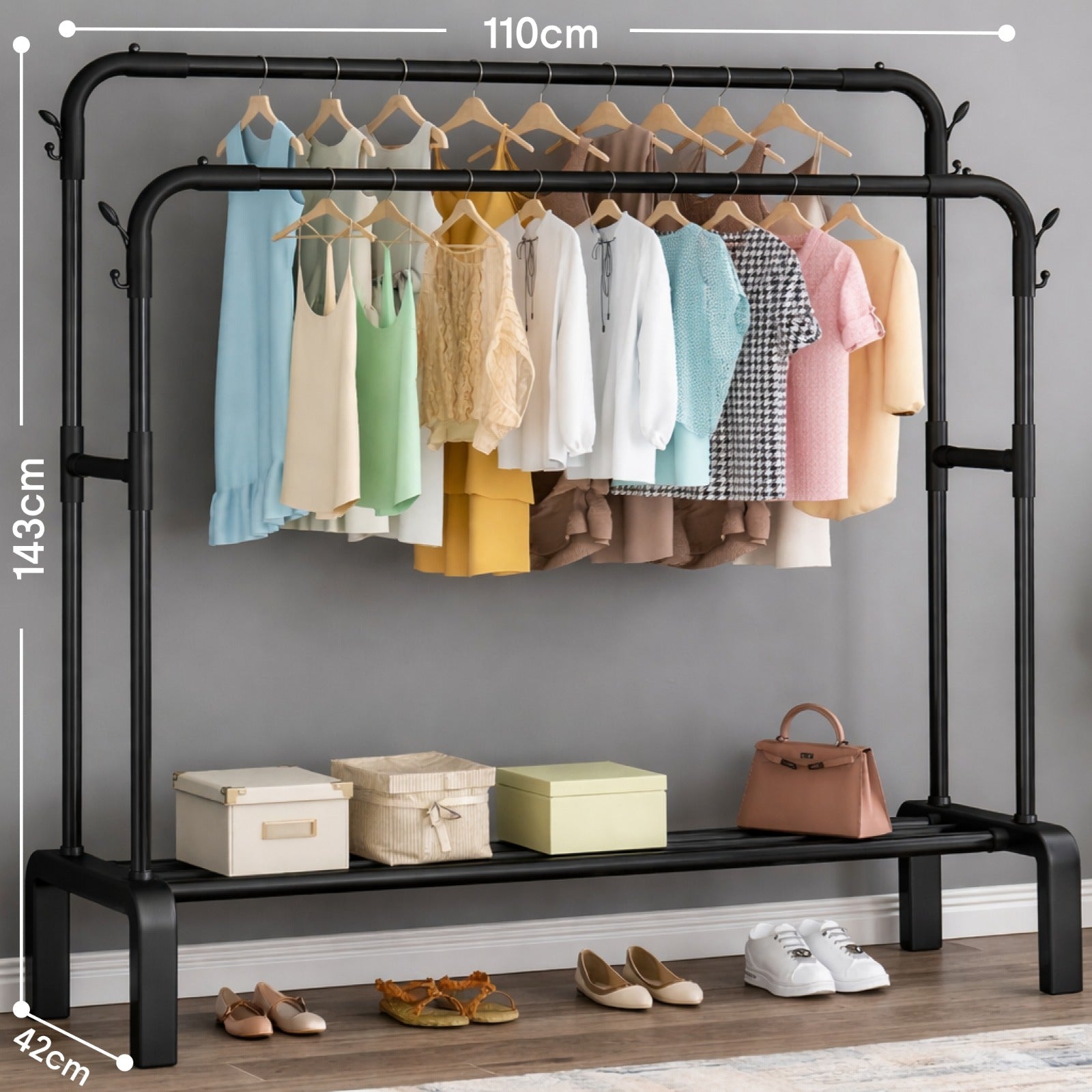 Double Pole Clothes Rack, 35Kg Load Capacity Clothes Hanger for Bedroom