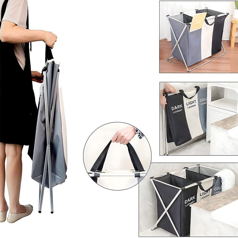 Three Compartments Clothes Sorting Collapsible Laundry Basket with Carry Handle