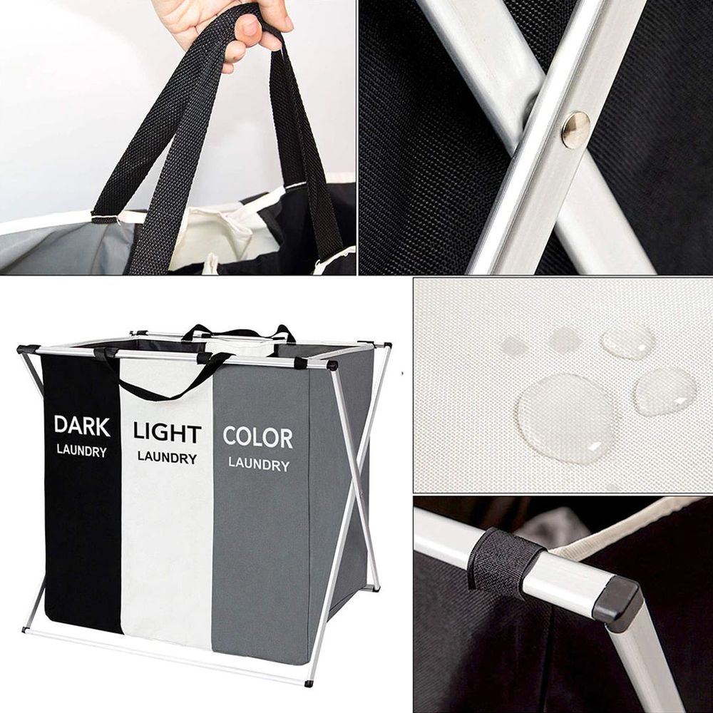 Three Compartments Clothes Sorting Collapsible Laundry Basket with Carry Handle
