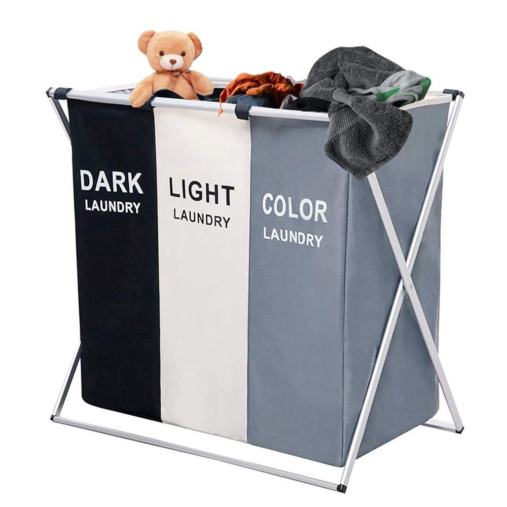 Three Compartments Clothes Sorting Collapsible Laundry Basket with Carry Handle