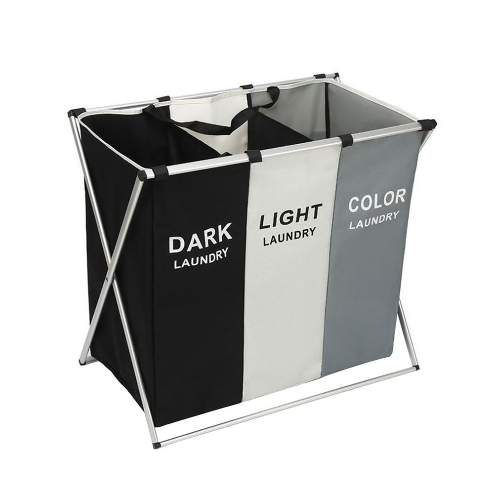 Three Compartments Clothes Sorting Collapsible Laundry Basket with Carry Handle