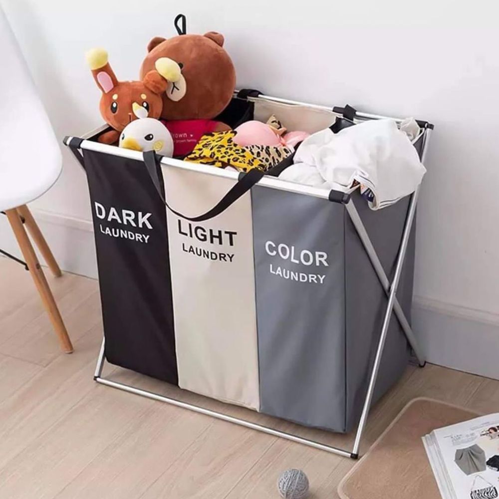 Three Compartments Clothes Sorting Collapsible Laundry Basket with Carry Handle