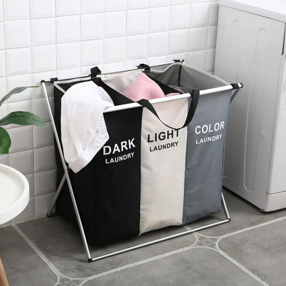 Three Compartments Clothes Sorting Collapsible Laundry Basket with Carry Handle