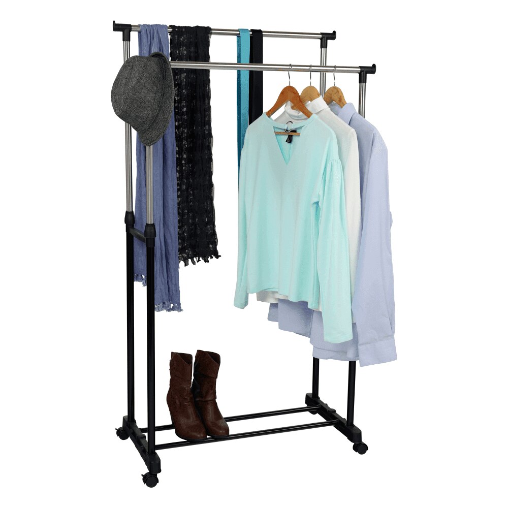Stainless Steel Double Rails Telescopic Clothes Rack with Wheels