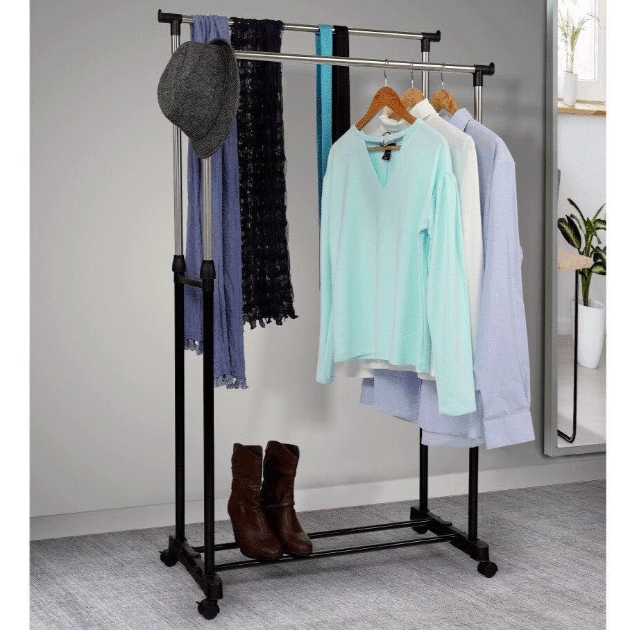 Stainless Steel Double Rails Telescopic Clothes Rack with Wheels