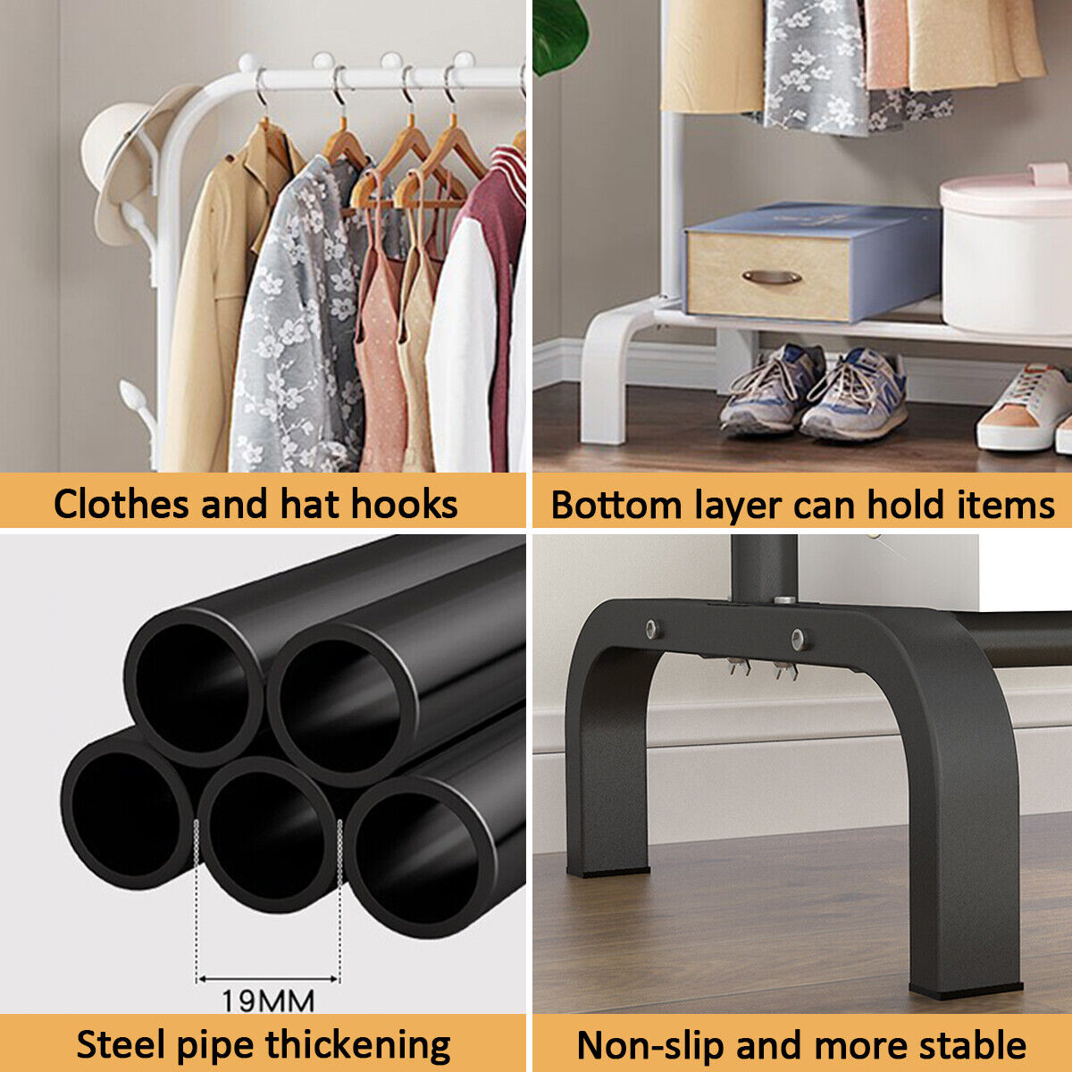 Single Pole Clothes Hanger Rack with Hooks, 35Kg Load Capacity Clothes Stand