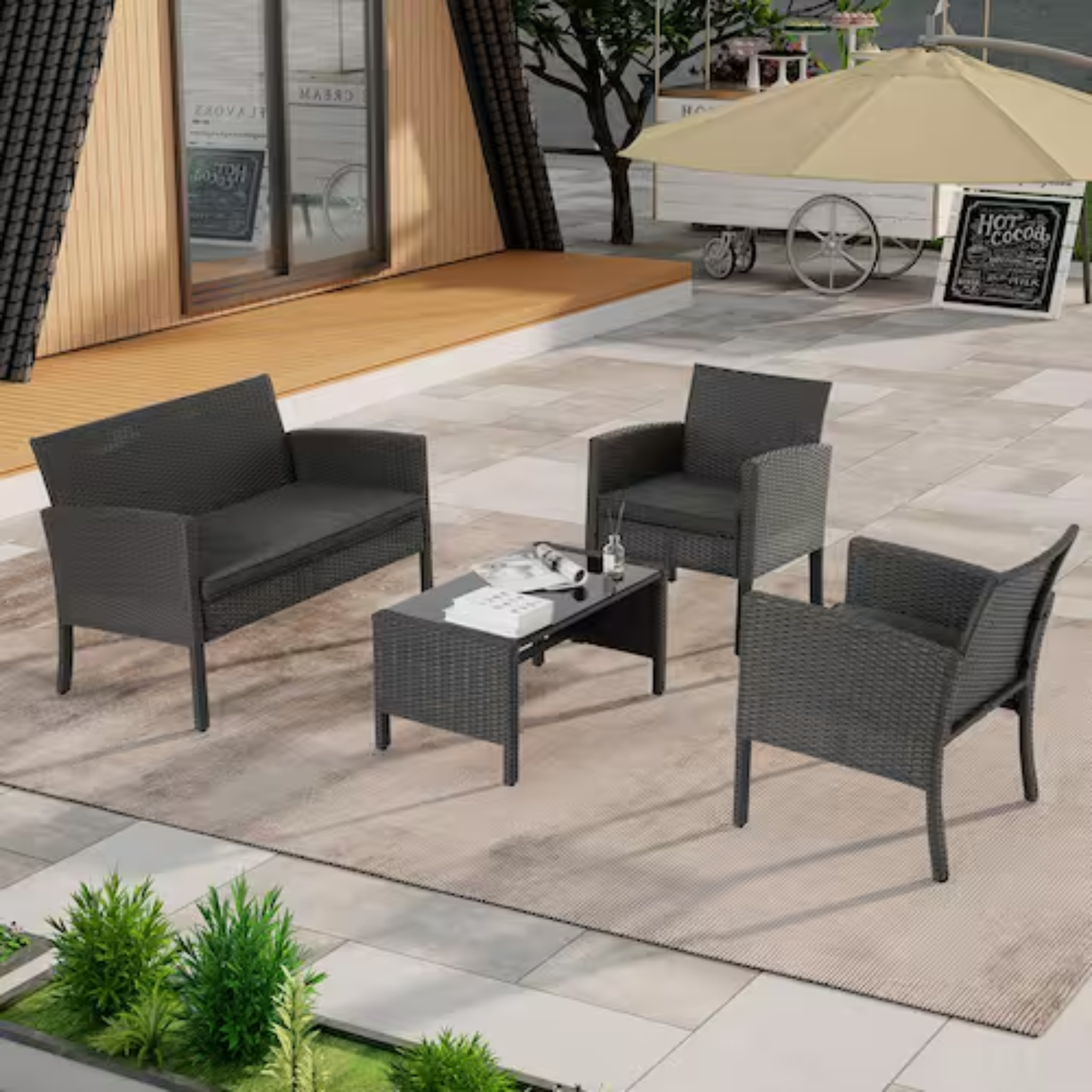 4 Seater Patio Outdoor Furniture Set, 4 Person Cushion Sofa Chairs with Center Coffee Table