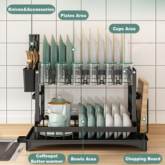 Double Layer Countertop Dish Drying Rack with Cutlery Holder, Cup Rack, Drainboard
