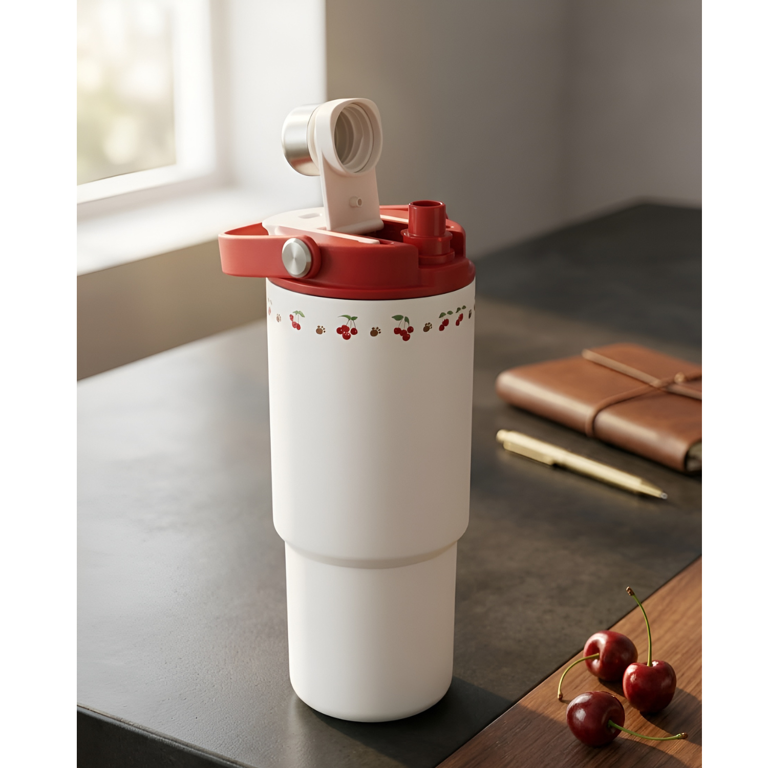 Diller Cherry Cartoon 900ml Insulated Thermal Vacuum Tumbler Ceramic Liner Portable Water Flask
