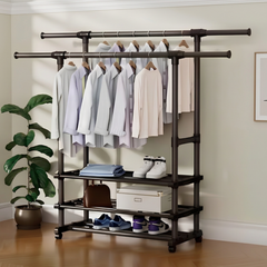 Extendable Double Rod Clothes Rack with Shoe Rack