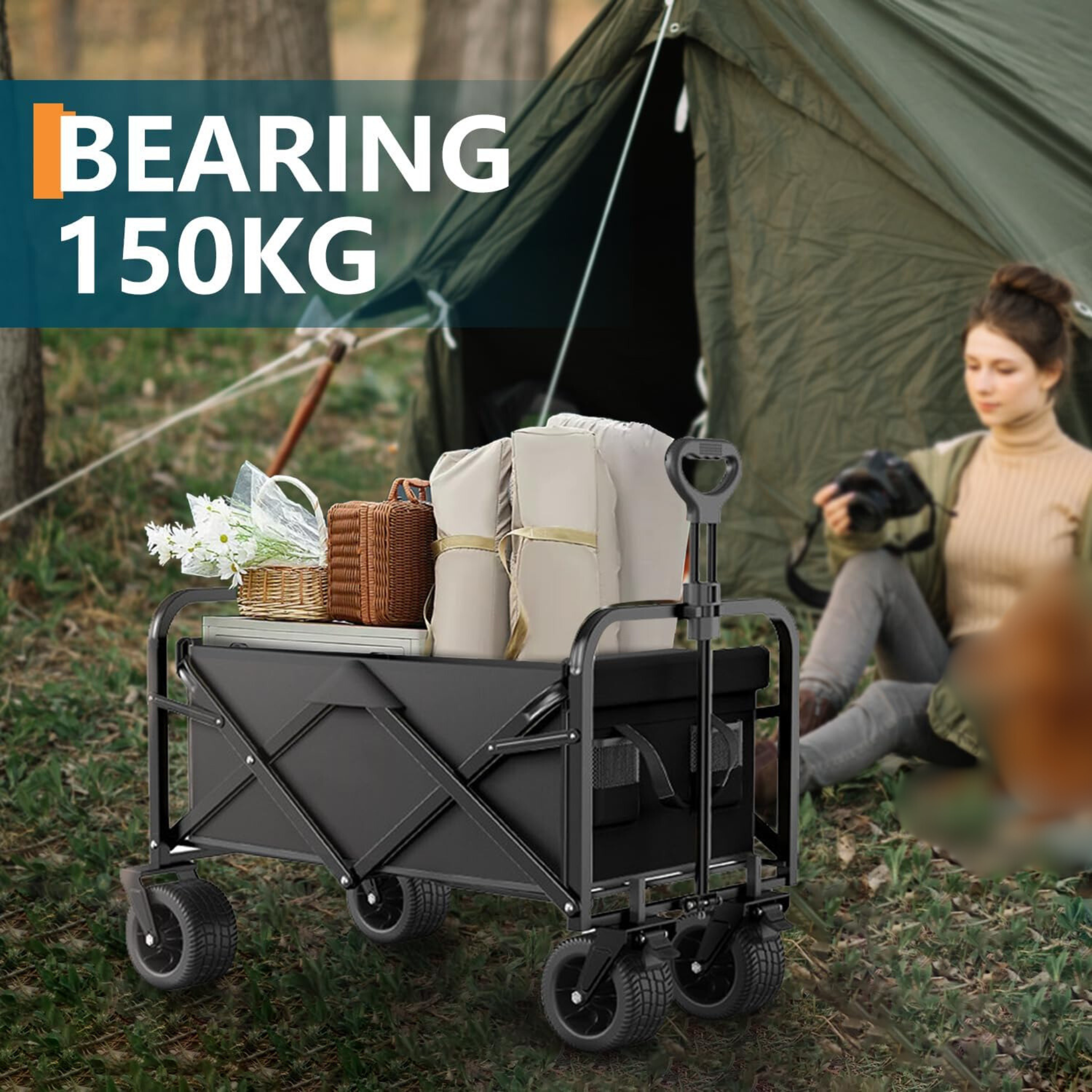 150Kg Capacity Heavy Duty Folding Collapsible Wagon Trolley Cart for Picnic and Outdoor Camping