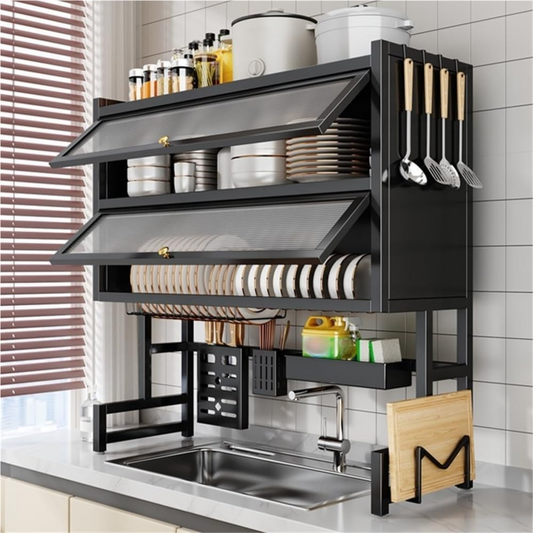 2 Tier / Double Layer Over the Sink Dish Drying Rack with Doors