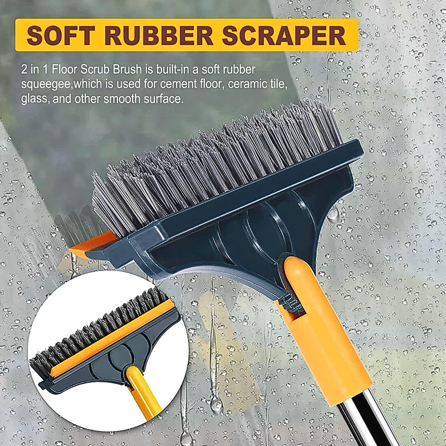 2 IN 1 Bathroom Floor Cleaning Hard Bristles Scrub Brush with Rotating Long Handle Wiper