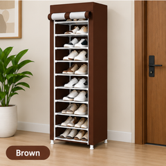 10 Layer Freestanding Shoe Rack with Dustproof Cover Brown