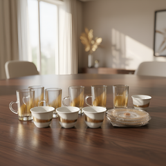 Glass Tea Cups and Ceramic Arabic Coffee Qahwa Cups Set (18 Pcs)