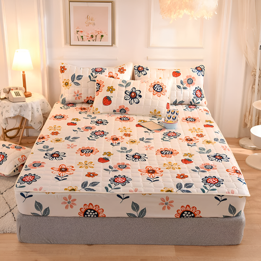 Quilted Waterproof Fitted Size Mattress Protector Bed Sheet with 2 Pillow Cases