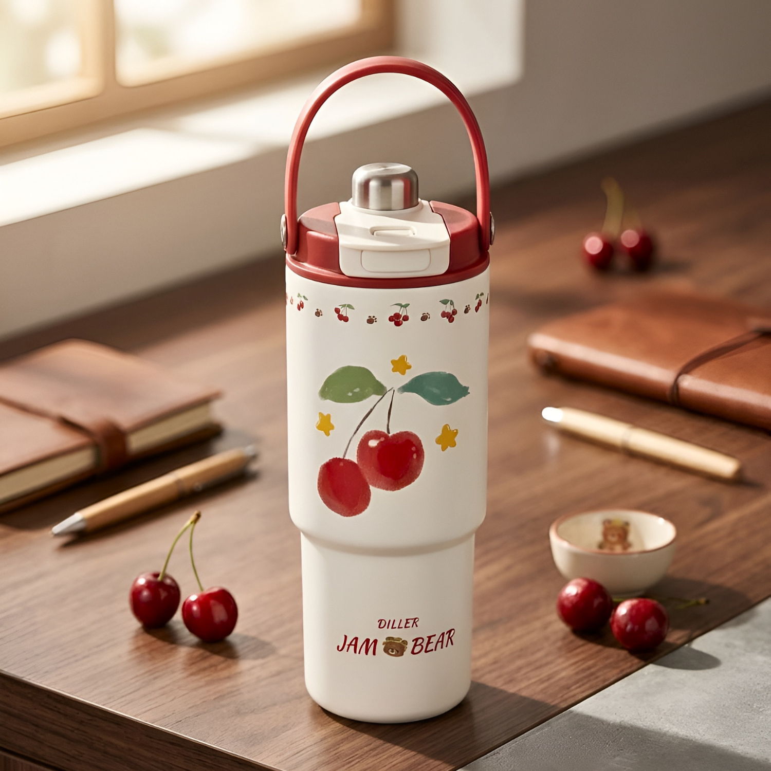 Diller Cherry Cartoon 900ml Insulated Thermal Vacuum Tumbler Ceramic Liner Portable Water Flask