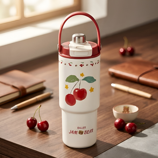 Diller Cherry Cartoon 900ml Insulated Thermal Vacuum Tumbler Ceramic Liner Portable Water Flask