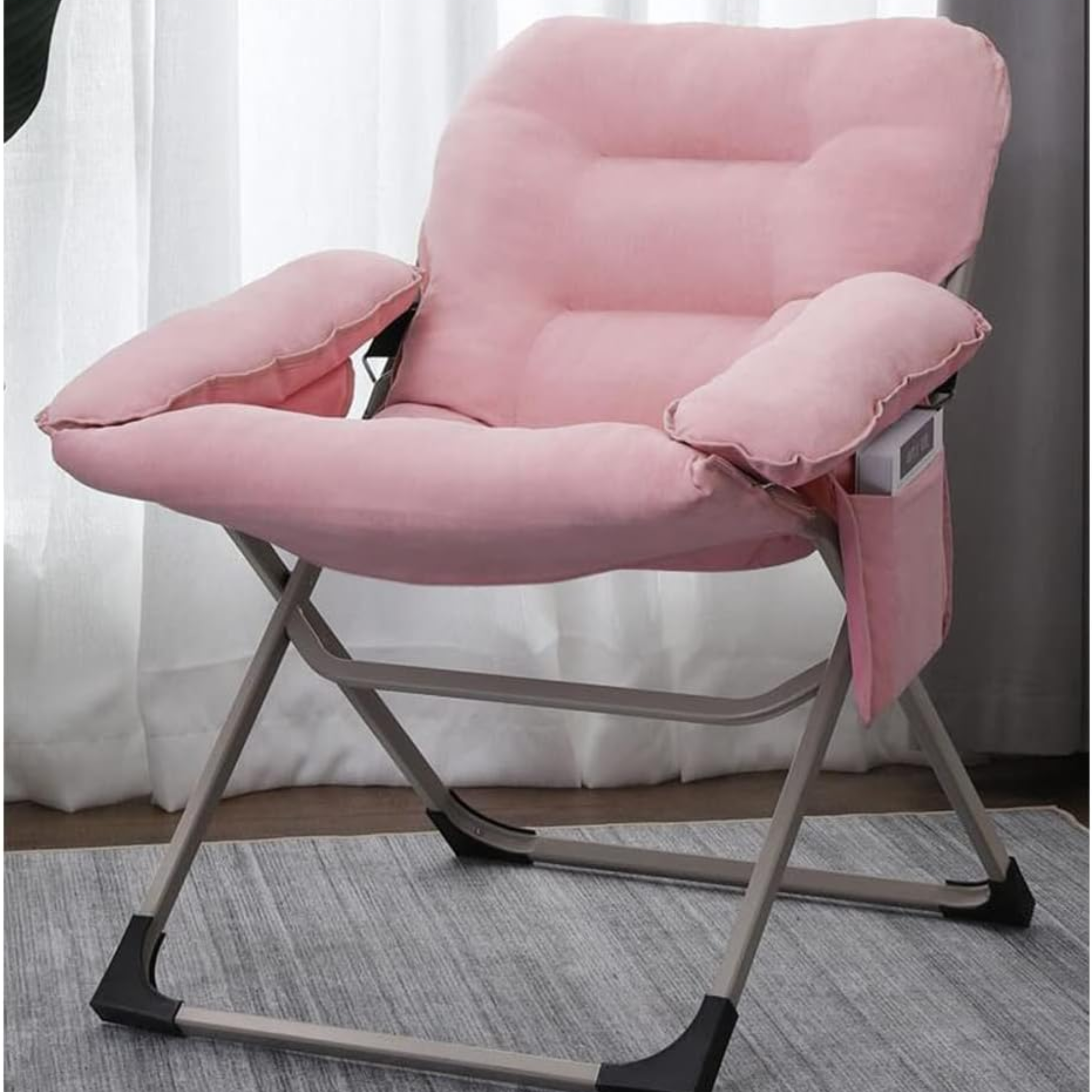Lazy Lounge Chair Recliner Sofa, Cushioned Relaxing Chair with Side Pocket & Arm Rest Pink