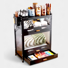 Dish Drainer Rack with Drawer & Lid Cover - Kitchen Countertop Storage Cabinet