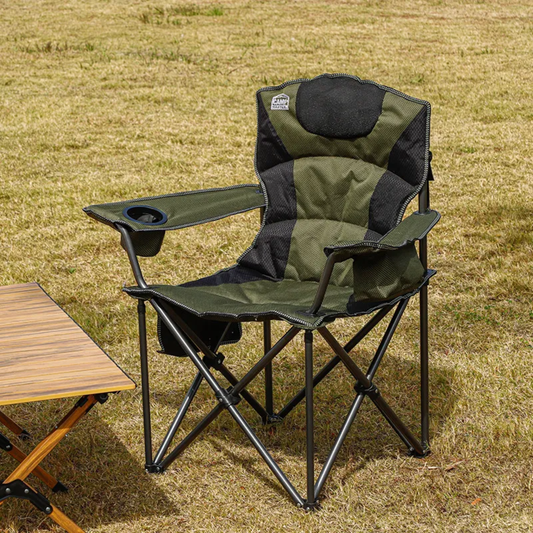 Army Green Folding Camping Chair with Storage Pockets & Cup Holder (92x100CM)