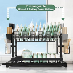Double Layer Countertop Dish Drying Rack with Cutlery Holder, Cup Rack, Drainboard