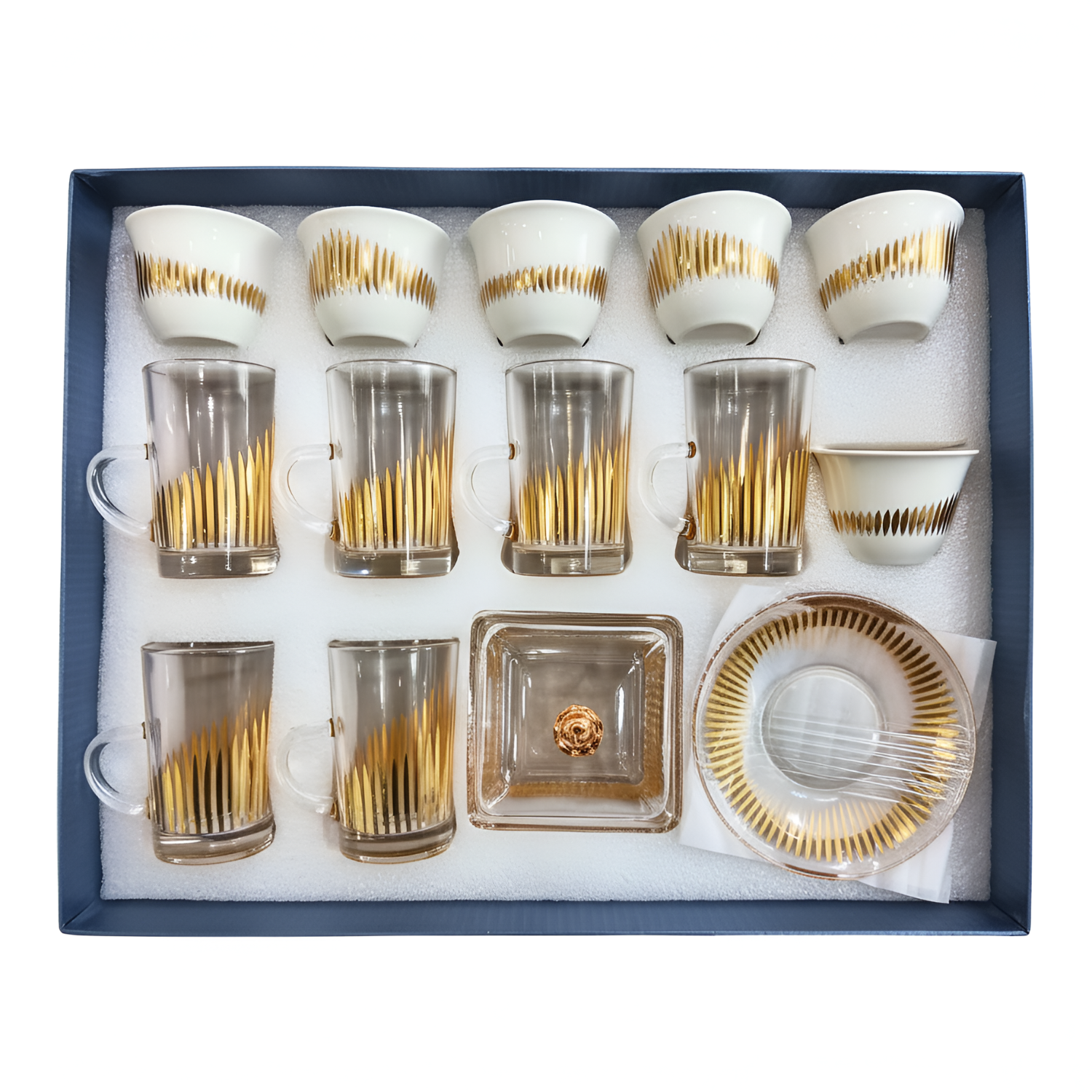 Glass Tea Cups and Ceramic Arabic Coffee Qahwa Cups Set (18 Pcs) Golden Horizon Stripe